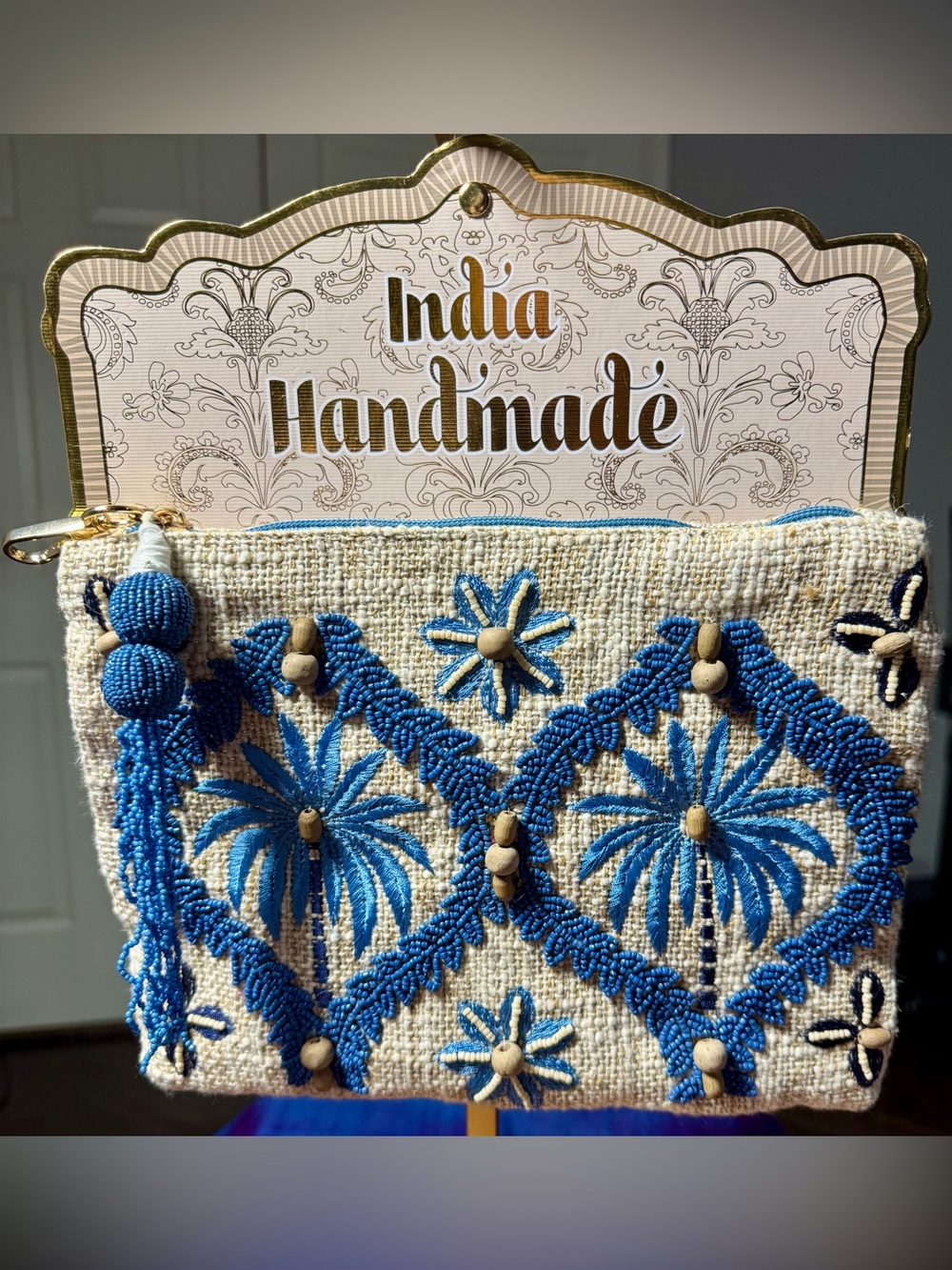 NWT India Handmade Blue Beaded Palm Tree Zipper Pouch Clutch